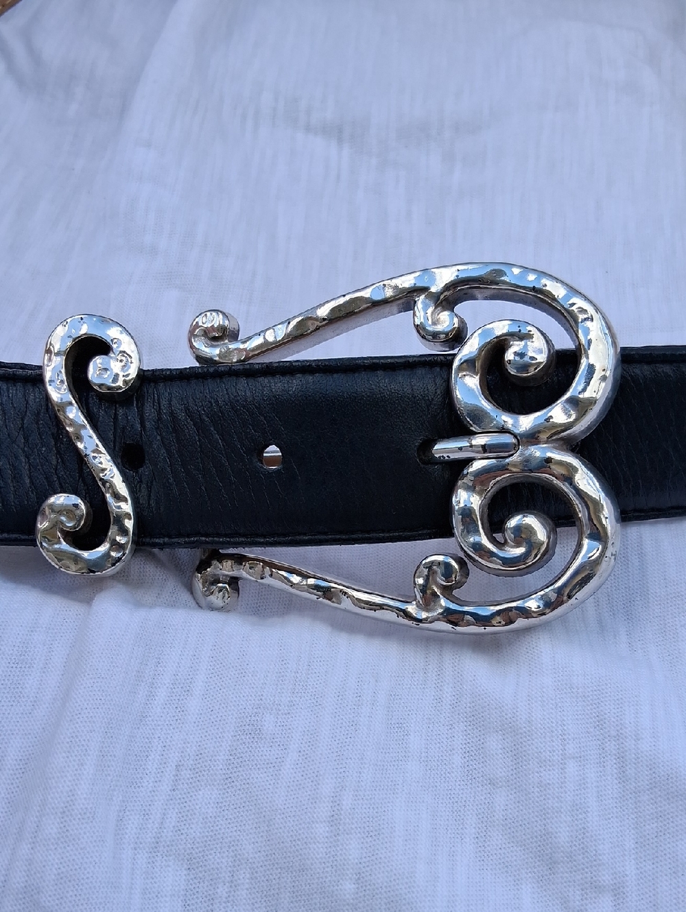 Brighton Black Leather Belt with Ornate Silver-Tone Scroll Buckle